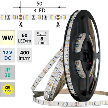 LED páska LED pásek SMD2835 WW, 60LED/m, 4,8W/m, DC 12V, 400lm/m, CRI90, IP20, 8mm, 5m