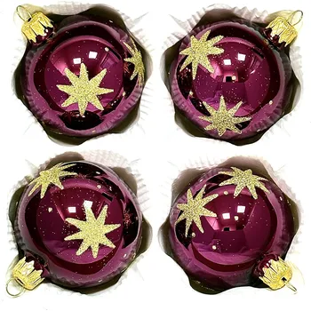 Vánoční ozdoba Irisa Skleněné vánoční koule 7 cm „Hvězdná noc“ – Fialová se zlatými třpytivými hvězdami ( sada 4 ks ) Velikost: 7 cm, Balení: 4ks, Barva: fialová