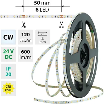 LED páska LED pásek SMD2216 CW, 120LED/m, 7,2W/m, 600lm/m, IP20, DC 24V, 4mm, 10m