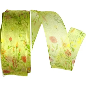Stuha Stuha taftová transparentní FIORE DI PRATO VERDE zelená 40mm x 20m (9,-Kč/m) (Stuha taftová průsvitná, oboustranná, potisk luční kvítí, s tenkým vlascem v obou okrajích)