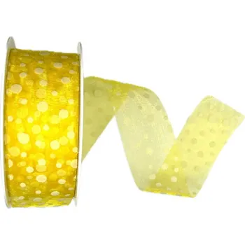 Stuha Stuha organzová SPOTS YELLOW transparentní, žlutá A 40mm x 20m (9,-Kč/m) (Stuha organzová, potisk bílé puntíky, průsvitná, oboustranná)