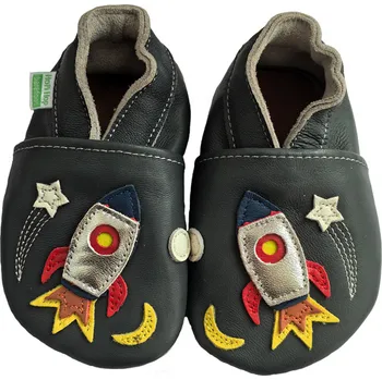 Kojenecké oblečení Hopi Hop Kožené capáčky Barefoot Vel. L (12-18 měs.) Raketa na šedé