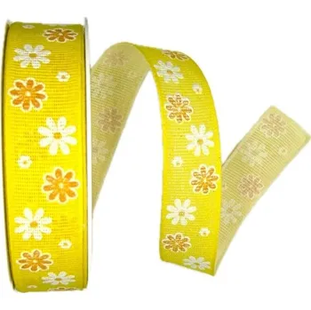 Stuha Stuha látková jarní FIORI DI PRIMAVERA GIALLO žlutá A 25mm x 20m (7,-Kč/m) (Jarní stuha bavlněná, žlutá, jednostranný potisk s motivem květin, tkaním zesílené okraje)