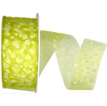 Stuha Stuha organzová SPOTS GREEN transparentní, světle zelená A 40mm x 20m (9,-Kč/m) (Stuha organzová, potisk bílé puntíky, průsvitná, oboustranná)