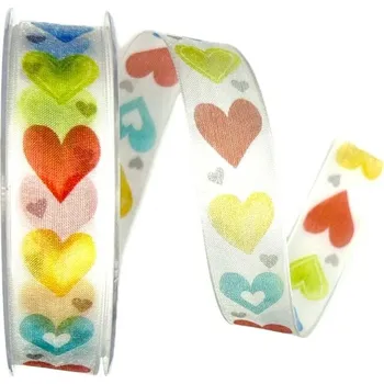 Stuha Stuha srdce & láska CRAZY LOVE svatební, zamilovaná, romantická, valentýnská A 25mm x 20m (9,-Kč/m) (Stuha svatební, zamilovaná, romantická, valentýnská , taftová, transparentní, potisk srdce, oboulící, s vlascem v lemu)