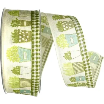 Stuha Stuha bavlněná SPRING HERBS krémová A 40mm x 20m (4,90Kč/m) (Stuha tkaná, bavlněná, jednostranný potisk bylinkové květináče, s drátkem v lemu)