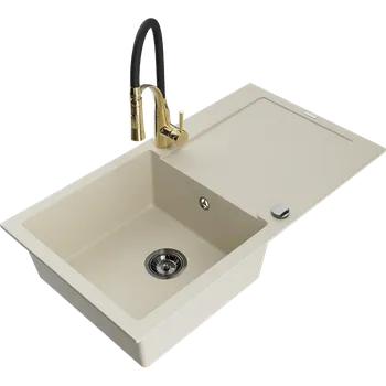 Granitový dřez Mexen Leo granitový dřez s 1 komorou a odkapávačem a kuchyňskou baterií Aster, béžový - 6501-69-73450-57-B Granitové dřezy s baterií