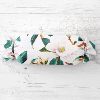 Dekorativní polštářek Polštář válec bonbon Sandra SA-293 Magnolie se zelenými listy na bílém 15x60 cm