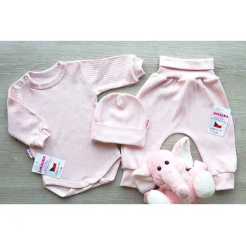 Kojenecká souprava AMÁLKA Bavlněná souprava žebrovaná s kalhotami, pudrově růžová Velikost: 74