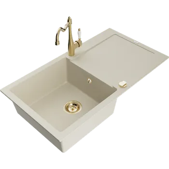 Granitový dřez Mexen Leo granitový kuchyňský dřez 1-komorový s odkapávačem a kuchyňskou baterií Carla, béžový - 6501-69-670700-50 Granitové dřezy s baterií