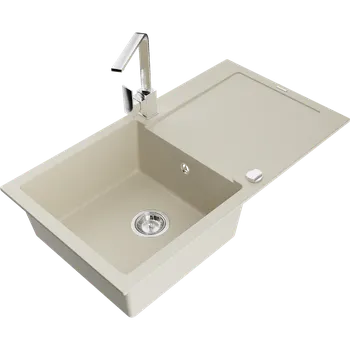 Granitový dřez Mexen Leo granitový dřez 1-komorový s odkapávačem a kuchyňskou baterií Rita, béžový - 6501-69-670300-00 Granitové dřezy s baterií