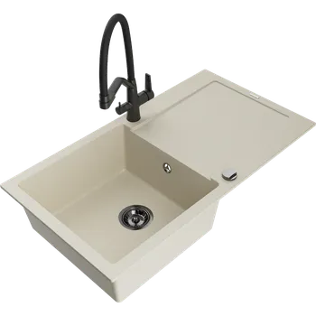 Kuchyňský dřez Mexen Leo granitový dřez 1-komorový s odkapávačem a kuchyňskou baterií Duo, béžový - 6501-69-671701-70-B Granitové dřezy s baterií