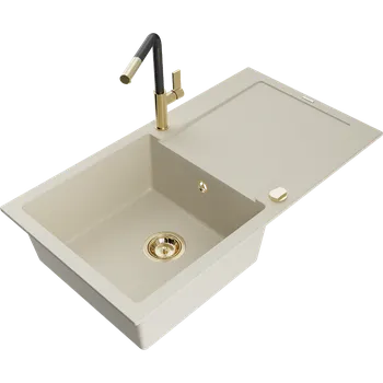 Granitový dřez Mexen Leo jednokomorový žulový dřez s odkapávačem a kuchyňskou baterií Flora, béžový - 6501-69-670401-57-G Granitové dřezy s baterií