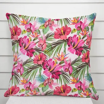 Povlak na dekorativní polštářek Bavlněný povlak na polštář Sandra SA-555 Růžovo-červené havajské květy na bílém 35 x 45 cm