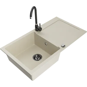 Granitový dřez Mexen Leo granitový dřez 1-komorový s odkapávačem a kuchyňskou baterií Telma, béžový - 6501-69-670200-70 Granitové dřezy s baterií
