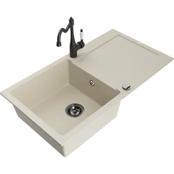 Granitový dřez Mexen Leo granitový dřez 1-komorový s odkapávačem a kuchyňskou baterií Carla, béžový - 6501-69-670700-70 Granitové dřezy s baterií