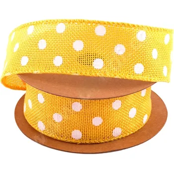 Stuha Jutová stuha s puntíkem, ŽLUTÁ, 4cm x 6,4m/bal.