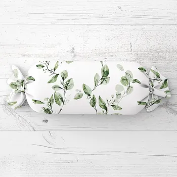 Dekorativní polštářek Polštář válec bonbon Sandra SA-422 Zelené listy na bílém 15x100 cm