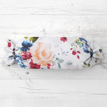 Dekorativní polštářek Polštář válec bonbon Sandra SA-387 Velké žluté a modré květy na bílém 15x100 cm