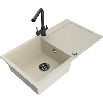 Granitový dřez Mexen Leo granitový dřez 1-komorový s odkapávačem a kuchyňskou baterií Duero, béžový-6501-69-671600-70 Granitové dřezy s baterií