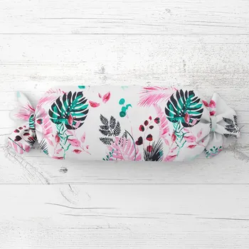 Dekorativní polštářek Polštář válec bonbon Sandra SA-413 Růžové a zelené tropické listy na bílém 15x40 cm