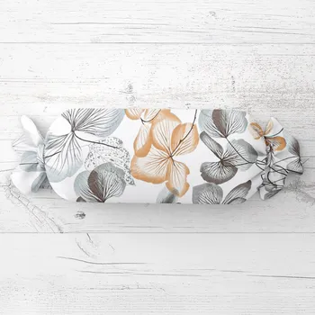 Dekorativní polštářek Polštář válec bonbon Sandra SA-367 Šedo-oranžové květy na bílém 15x40 cm