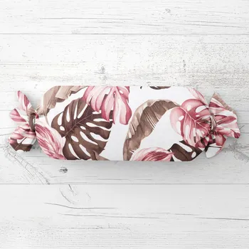 Dekorativní polštářek Polštář válec bonbon Sandra SA-227 Hnědé a starorůžové tropické listy na bílém 15x40 cm