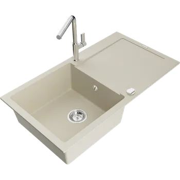 Granitový dřez Mexen Leo žulový dřez 1-komorový s odkapávačem a kuchyňskou baterií Flora, béžový - 6501-69-670401-00 Granitové dřezy s baterií