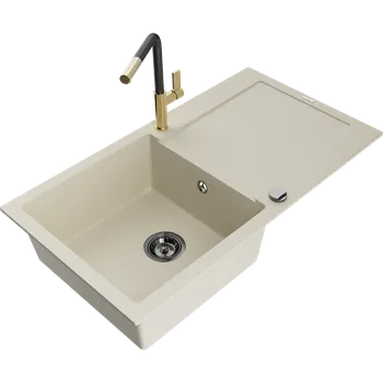 Granitový dřez Mexen Leo granitový dřez 1-komorový s odkapávačem a kuchyňskou baterií Flora, béžový - 6501-69-670401-57-B Granitové dřezy s baterií