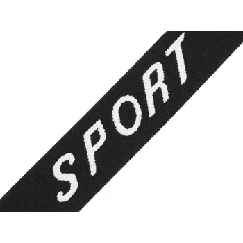 Textilie Pruženka, guma TRENKOVÁ měkká, hebká, černá s bílým nápisem SPORT, 30mm, 1metr