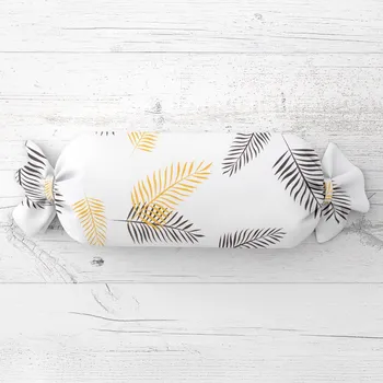 Dekorativní polštářek Polštář válec bonbon Sandra SA-219 Zlaté a černé palmové listy na bílém 15x60 cm