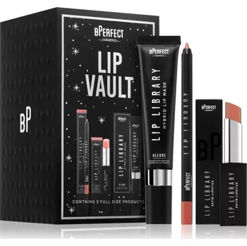 Kosmetická sada BPerfect Lip Vault hydratační maska na rty 15 ml + BPerfect Lip Library Lip Liner konturovací tužka na rty 1.5 g + BPerfect Lip Library Satin krémová rtěnka 3 g kosmetická sada
