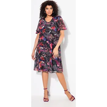 Dámské šaty Ulla Popken, Plus size Šaty, papoušci, A střih, výstřih do V, krátké zvonové rukávy pro plnoštíhlé nadměrná velikost, 840423100-1130, černý, 50/52, Nadměrné velikosti, Plus size oblečení, Oblečení pro boubelky, Oblečení pro baculky, Oblečení pro plnoštíhl