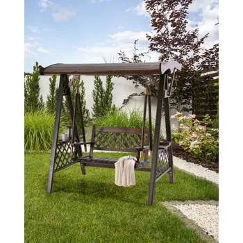 Zahradní houpačka Zahradní houpačka sedadlo hnědé smrkové dřevo rám venkovní 2místná volně stojící se stříškou Beliani