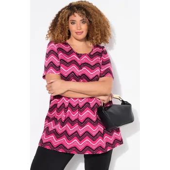 Dámské tričko Ulla Popken, Plus size Dlouhé tričko, klikatý vzor, A střih, kulatý výstřih, 3/4 rukávy pro plnoštíhlé nadměrná velikost, 837126518-1130, růžový, 50/52, Nadměrné velikosti, Plus size oblečení, Oblečení pro boubelky, Oblečení pro baculky, Oblečení pro plno