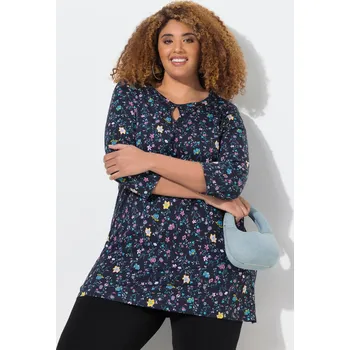 Dámské tričko Ulla Popken, Plus size Dlouhé tričko, květy, A střih, kulatý výstřih, 3/4 rukávy pro plnoštíhlé nadměrná velikost, 836983100-1133, černý, 62/64, Nadměrné velikosti, Plus size oblečení, Oblečení pro boubelky, Oblečení pro baculky, Oblečení pro plnoštíhlé,