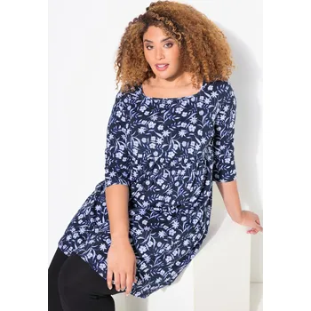 Dámské tričko Ulla Popken, Plus size Dlouhé tričko, kašmírový vzor, A střih, hranatý výstřih, 3/4 rukávy pro plnoštíhlé nadměrná velikost, 837165130-1131, modrý, 54/56, Nadměrné velikosti, Plus size oblečení, Oblečení pro boubelky, Oblečení pro baculky, Oblečení pro pl