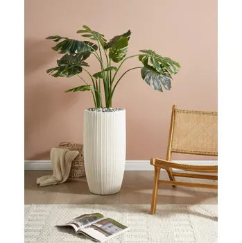 Květináč Květináč světle béžový 35 x 35 x 70 cm MgO kulatý tvar pruhovaný odolnost proti povětrnostním vlivům interiér exteriér Beliani