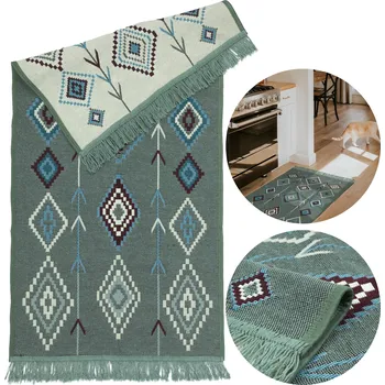 Koberec KOBEREC KILIM TKANÝ PREMIUM OBOUSTRANNÝ VZOR S TŘÁSNĚMI BOHO 60x120cm ZELENÝ