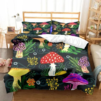 Povlečení Sada Barevné Povlečení s Houbami Mikrovlákno 135x200CM 80X80CM