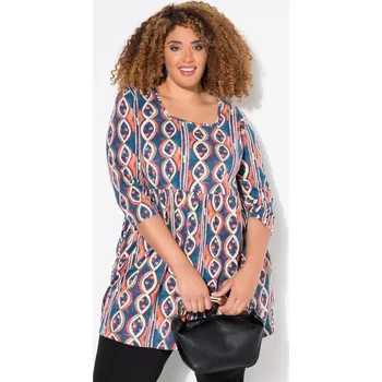 Dámské tričko Ulla Popken, Plus size Dlouhé tričko, potisk, A střih, výstřih do V, 3/4 rukávy pro plnoštíhlé nadměrná velikost, 837150820-1129, nachový, 46/48, Nadměrné velikosti, Plus size oblečení, Oblečení pro boubelky, Oblečení pro baculky, Oblečení pro plnoštíhlé,