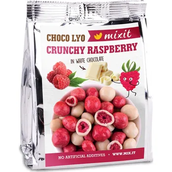 Sušené ovoce Mixit Křupavé maliny v bílé čokoladě do kapsy, 70 g