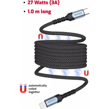 Datový kabel Swissten magnetický datový kabel samonavíjecí USB-C / Lightning 1m