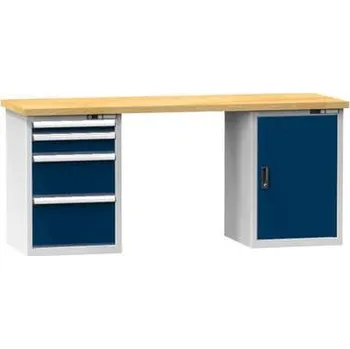 Dílenský stůl Polak Dílenský stůl Kombi se skříňkou, 88 x 150 x 80 cm, 4 zásuvky, buk/tmavě modrá
