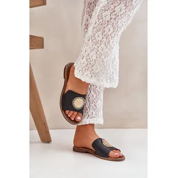 Dámské pantofle Kožené Pantofle S Dekorací Na Plochém Podpatku Zazoo 3047/O Barva: Černá, Velikost: 39