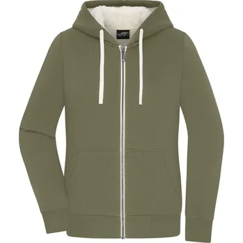 pracovní mikina James & Nicholson Mikina s kapucí JN 1319 Sherpa na zip, s podšívkou, dámská COT021319ajh01-olive/natur S Olivová/natural