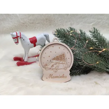 Vánoční ozdoba Dřevěná vánoční 3D sněhová koule Auto - D-decor