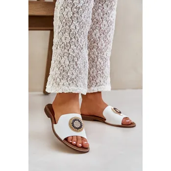 Dámské pantofle Kožené Pantofle S Dekorací Na Plochém Podpatku Lewski 3047/O Barva: Bílá, Velikost: 43