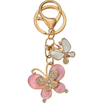 Růžovo-zlatý kovový přívěšek na klíče s kamínky motýlci - 4*1*3 cm