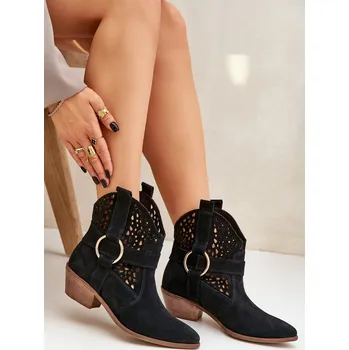 Dámské kozačky Semišové kotníkové boty v cowboyském stylu s perforací na podpatku 2994 Barva: Černá, Velikost: 36